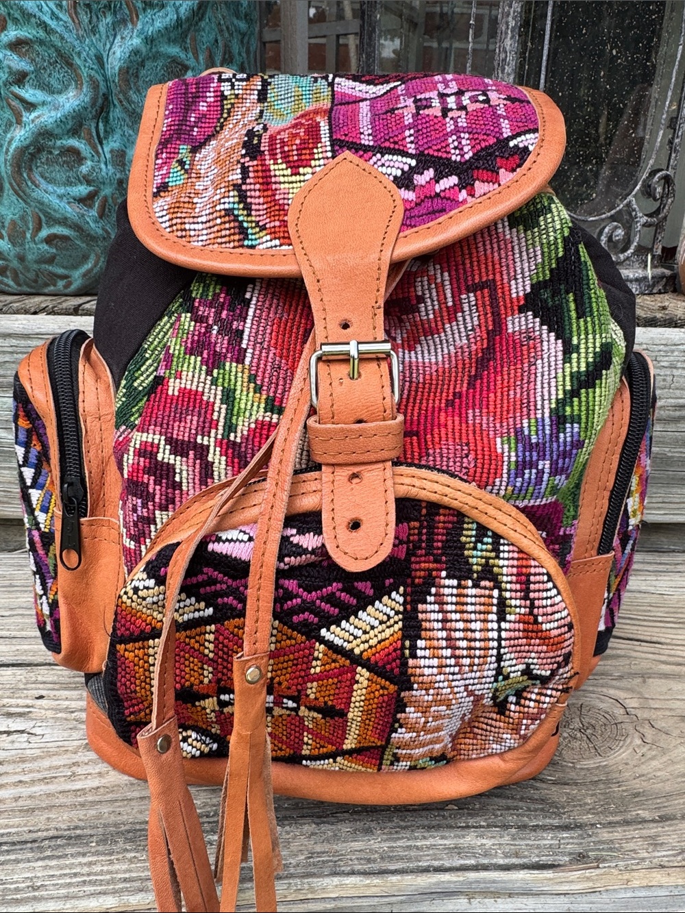 Boho festival Guatemala Huipil Embroidered Multicolor Leather-Trim Backpack.